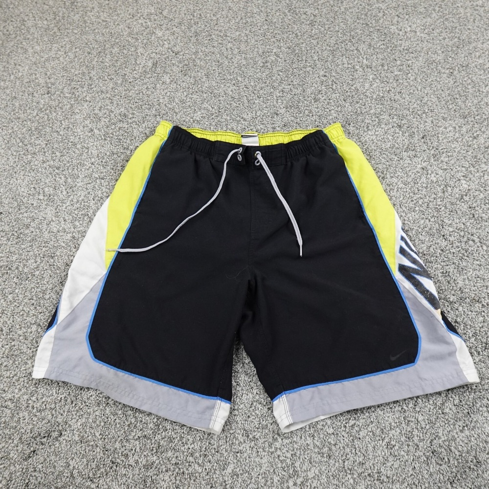 Nike Shorts Mens Large Black Swoosh Spell Out Drawstring Lined Board Swim Trunks